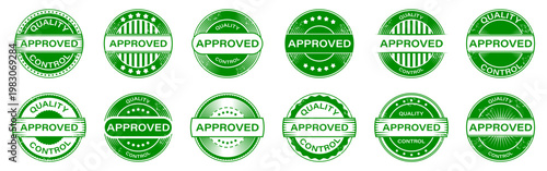 Approved stamp collection with quality control badges and grunge textures. Includes certification seals and official marks