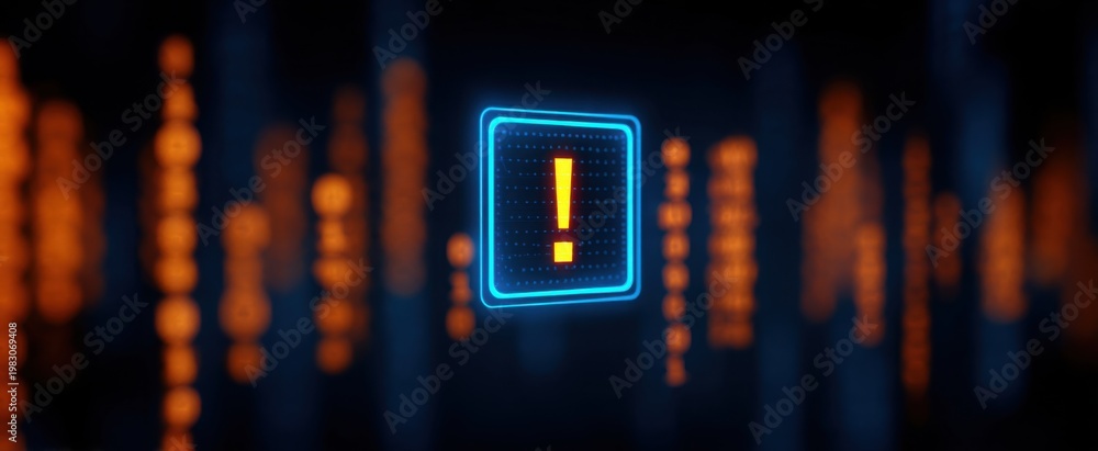 Fototapeta premium A blue square with an exclamation mark evokes urgency amid vibrant orange code and data.