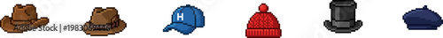 Pixel art vector set of various hat styles and headwear icons.