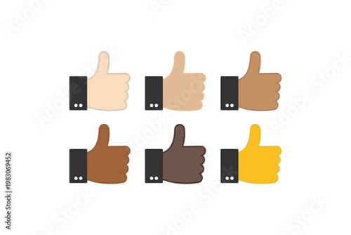 Diverse thumbs up icons: multicolored hand gestures in various skin tones.