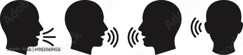 People communication icon set. Speaking and listening head silhouettes with speech waves. Vector illustration of dialogue, conversation, voice chat and audio message symbols for UI design