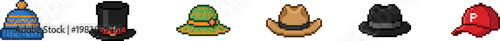Pixel art vector set of various hat styles and headwear icons.