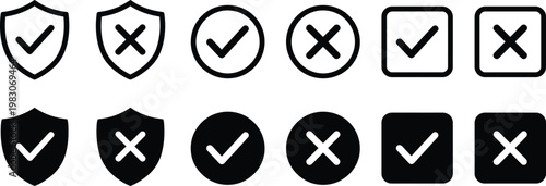 Check mark icon set. Tick and cross symbols in circle, square and shield shapes. Vector illustration of yes or no validation icons for UI UX design, approval, rejection and checklist system
