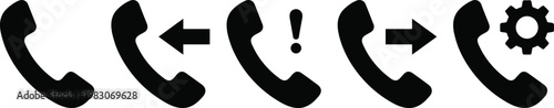 Phone call icon set. Solid glyph communication symbols with incoming, outgoing and missed call arrows. Vector illustration of phone receiver icons for mobile app UI, dialer and contact center