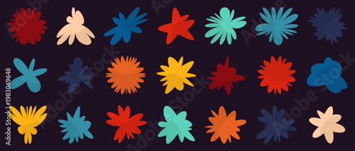 Abstract shape collection with colorful organic splash forms and soft silhouettes. Includes varied blob elements with smooth curves