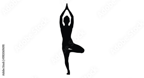 A person performing the tree pose in yoga depicted as a striking silhouette
