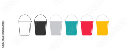 Colorful array of buckets: black, grey, blue, red, yellow design elements.