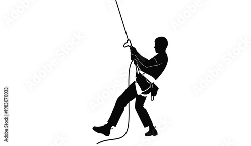 A stark black silhouette depicts a rock climber actively rappelling down a sheer surface showcasing strength and adventure silhouette high quality professional detailed modern
