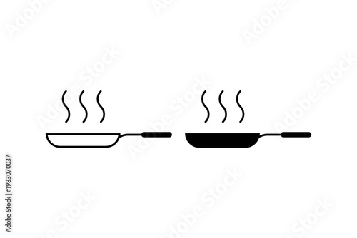 Black and white silhouette of cooking pans with steam rises.