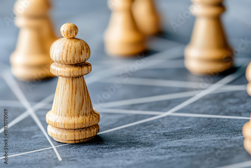 Wooden chess pawn stands prominently on chessboard, symbolizing strategy and competition in game of intellect