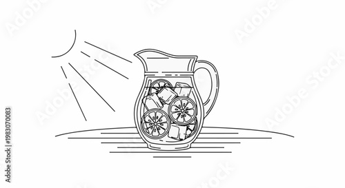 A sun shines on a pitcher of lemonade with citrus slices and ice cubes