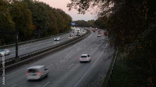 Car moving on the Autobahn, evening side light, view of the Autobahn from above, ‎November 3, 2024, Autobahn A 1 Germany 