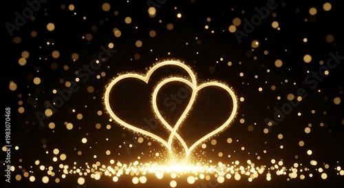 Golden heart shapes with sparkles on a black background with bokeh effect