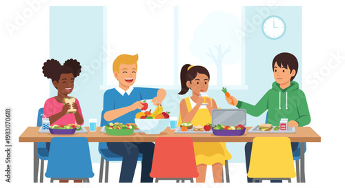 Diverse Children Enjoying Healthy Lunch Together in School Cafeteria