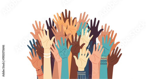 Diverse raised hands, unity, community, volunteering, teamwork, celebration, diverse group