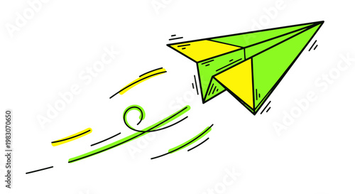 Green and yellow paper airplane flying, conveying speed and movement