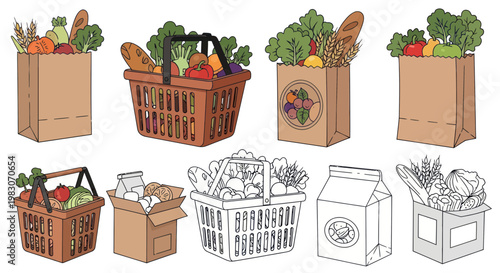 Grocery shopping bags and baskets filled with fresh food and produce