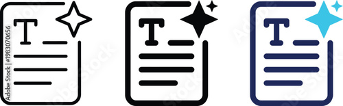 AI writing icon set. Smart document generation and magic text symbols with spark elements. Vector illustration in outline, solid and blue styles for copywriting tools, SaaS and UI UX design