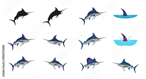 Marlin Fish Collection: Silhouettes, Swimming, and Jumping, Isolated