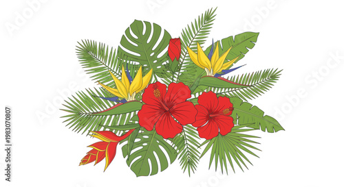 Vibrant Tropical Flower Bouquet: Hibiscus, Bird of Paradise, Heliconia