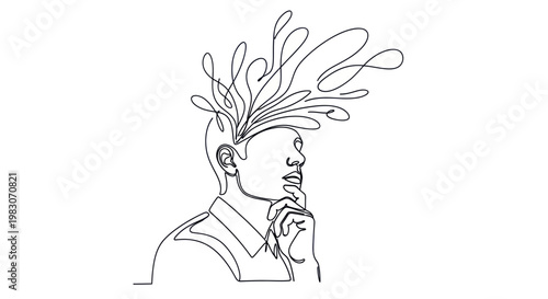 Abstract Mind Concept: Continuous Line Drawing of Creative Thought Bursting from Head