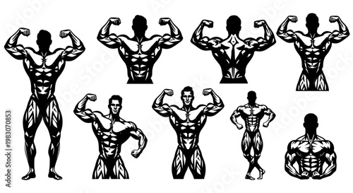 Bodybuilder Poses Silhouette Set: Muscular Male Figures Showcasing Strength and Fitness