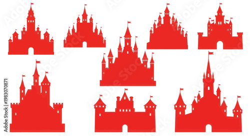 Collection of Red Castle Silhouettes Isolated on White Background
