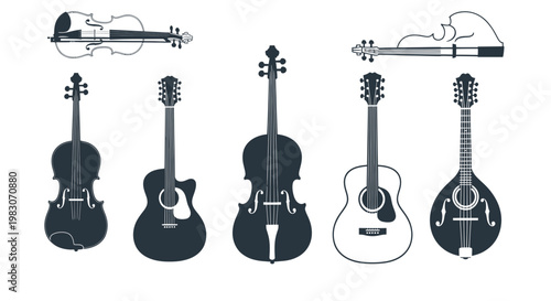 Collection of Stringed Musical Instruments: Violin, Viola, Cello, Guitar, Mandolin, Contrabass