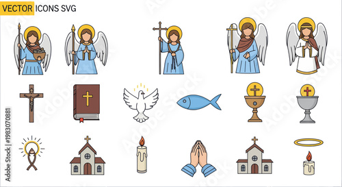 Christianity Religious Icons Set: Angels, Cross, Bible, Church, Dove, Fish