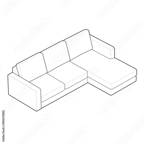 Isometric right hand facing sectional sofa and chaise lounge wireframe drawing