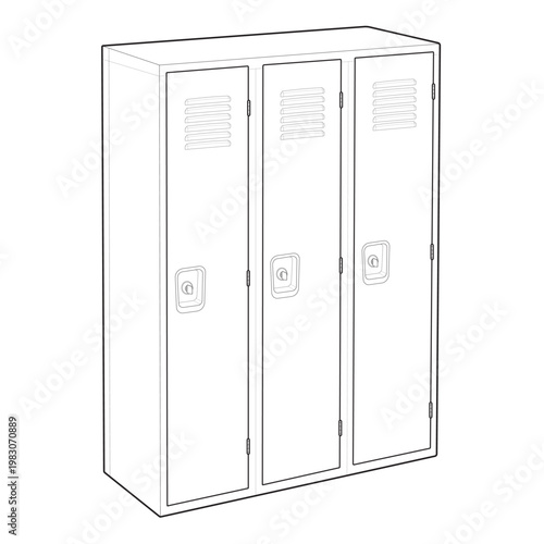 Isometric single tier 3 door metal locker and gym changing room linear drawing