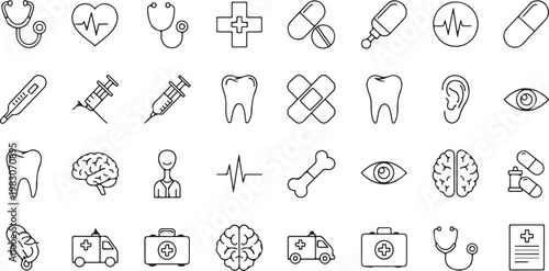 Black and white line collection of diverse and symbols including tools technology and nature line symbols