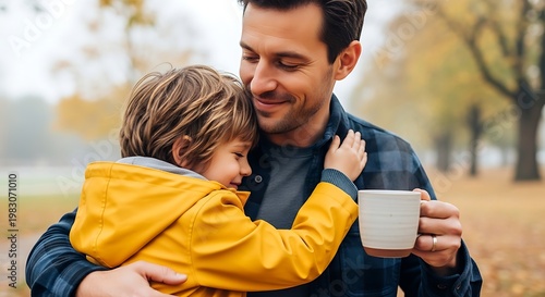 Man hugging little boy in autumn park with cup of coffee