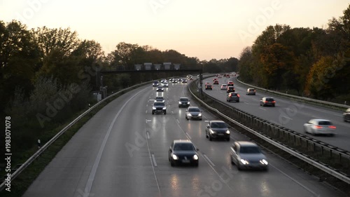 Car moving on the Autobahn, evening side light, view of the Autobahn from above ‎November 3, 2024, Autobahn A 1 Germany 