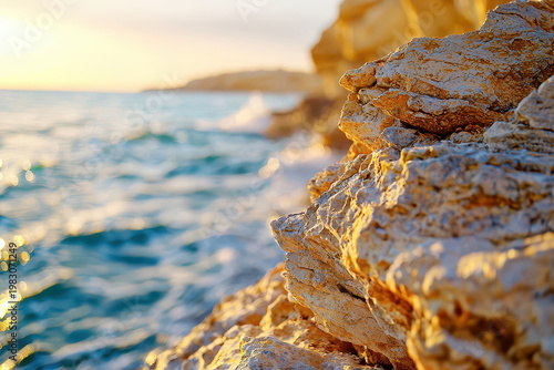 Capture beauty of rugged coast with golden rocks and shimmering water at sunset, evoking tranquility and wonder