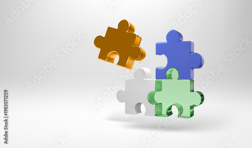 Puzzle 3d pieces assembling, jigsaw solution vector om white bg. Team building concept, abstract challenge game of complex problem solving. Connect partner for strategy work together, render isolated