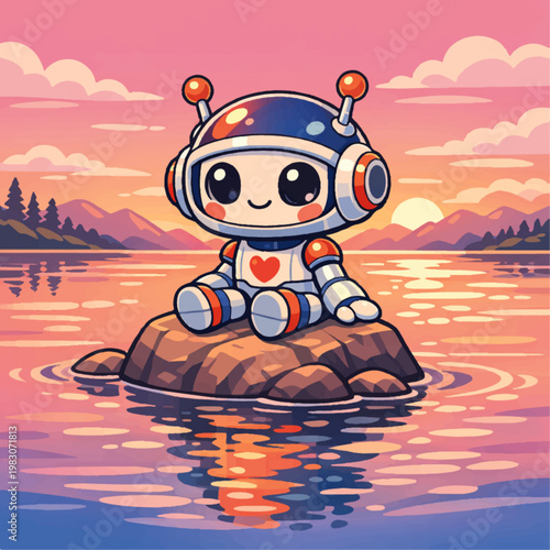 Cartoonish Robot sitting in a rock.