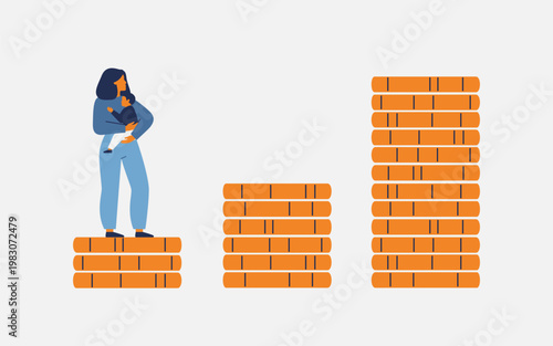 low salary during maternity leave. Single woman with child on the small stack of coins. financial inequality and career crisis for mothers. vector illustration