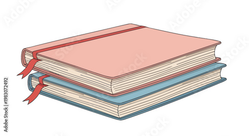 Stack of colorful books with ribbon.