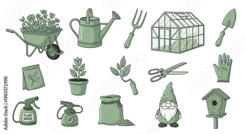 Gardening tools and garden gnome figurine.