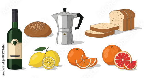 Fresh fruits and wine on table.