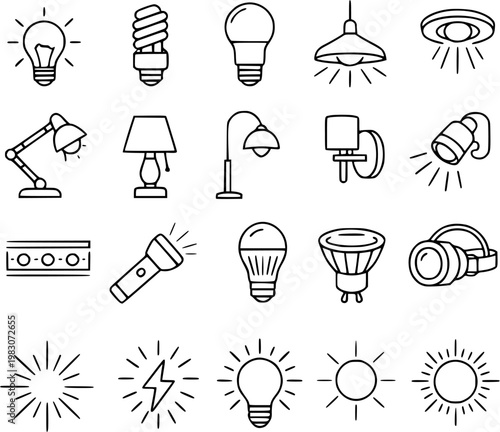 Lighting icons set vector line art for home interior and electricity design