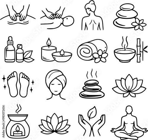Wellness spa icons set vector line art with copy space for beauty and relaxation branding