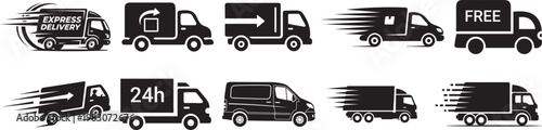 Fast delivery icon set. Free shipping, express delivery, 24 hours, fast van. Truck symbol on white background - stock vector.