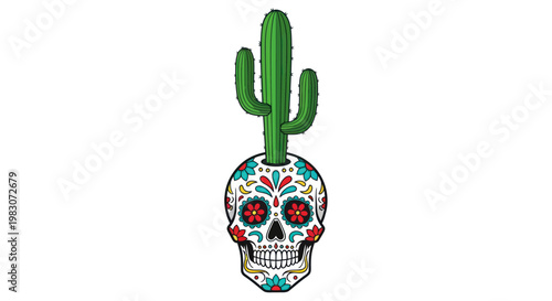 Colorful sugar skull with cactus.