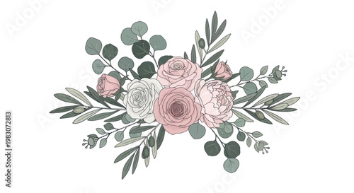 Pink Roses and Green Leaves Bouquet.