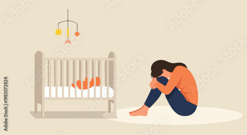 Postpartum depression concept with sad mother sitting on floor, exhausted woman crying near baby crib, mental health and motherhood struggle vector