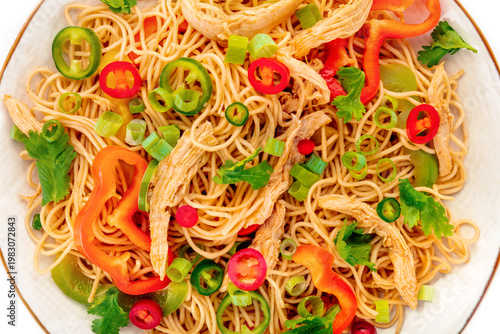 Chow Mein noodles with chicken and vegetables, overhead flat lay shot