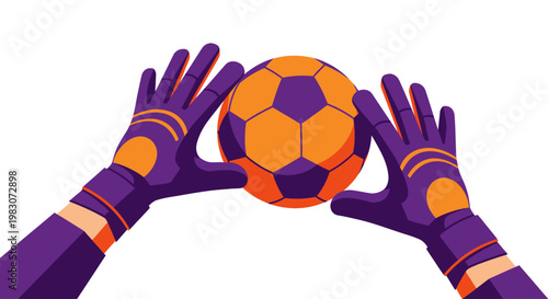 Hands wearing goalkeeper gloves holding ball.