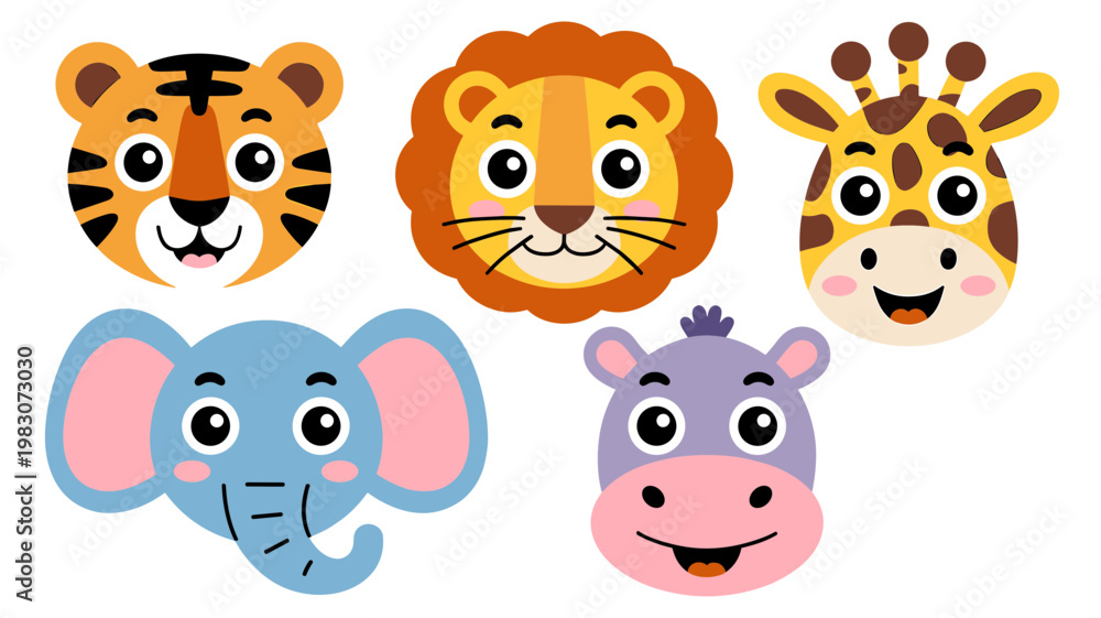 Fototapeta premium Cute Safari Animal Faces Vector Set Tiger, Lion, Elephant, Giraffe and Hippo